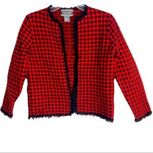 Nouveaux 100% wool open front red and black plaid sweater with frayed edges